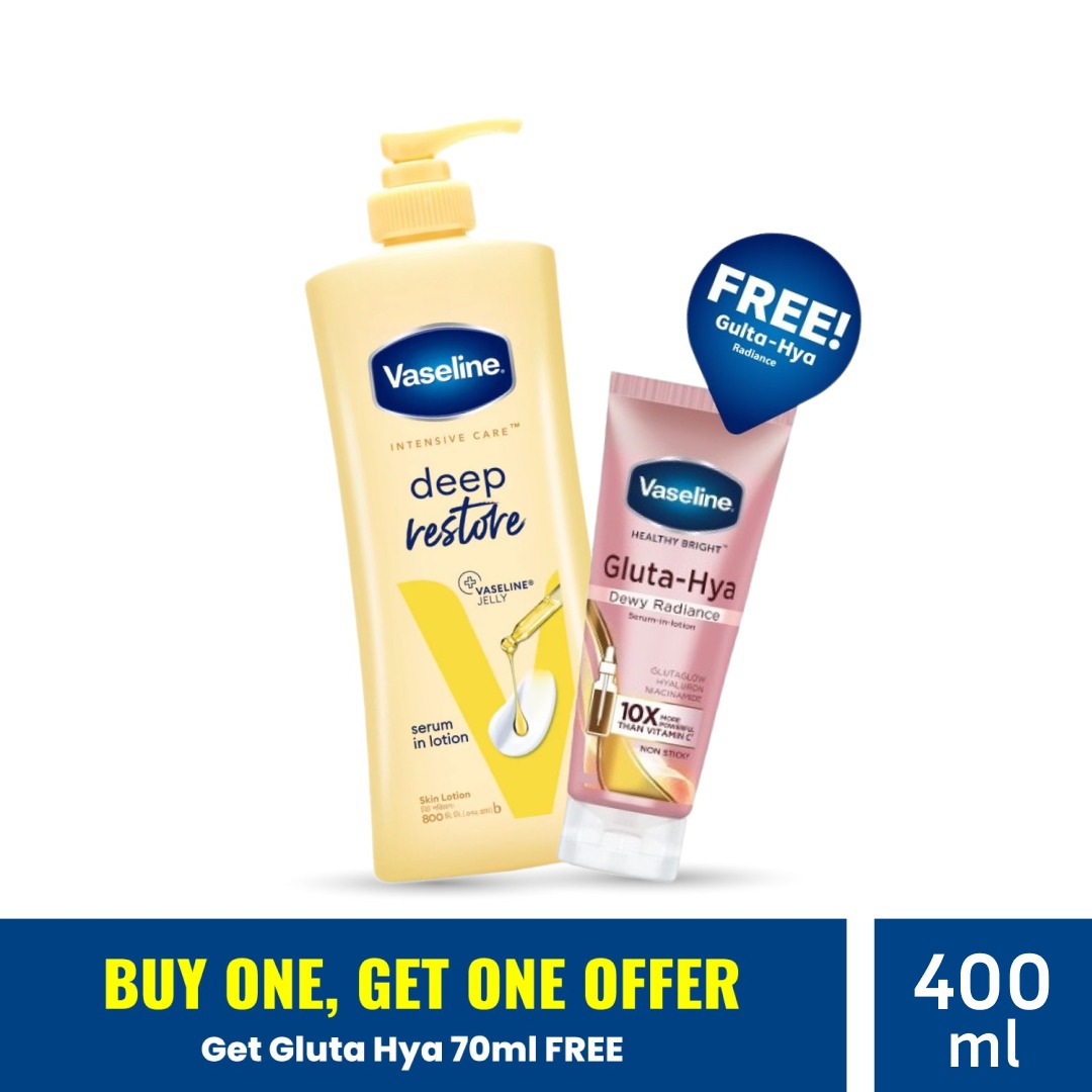 Vaseline Lotion Deep Restore 400ml With Gluta-Hya Dewy Radiance Serum 70ml Free